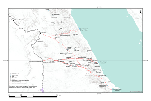 carte des routes et sites ptolémaïques du désert (© MAFDO, A. Rabot, Th. Faucher, B. Redon)