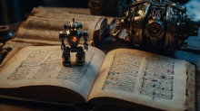 Image générée par IA (Leonardo.Ai) ; prompt : Un manuscrit médiéval, ouvert sur une table. Sur les pages, un robot cyberpunk dans un style médiéval.