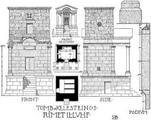 Tombeau-pigeonnier de Célestinus à Rimat al-Luhf (relevés en plan et en élévation, proposition de restitution d’après H. C. Butler, Publications of the Princeton University Archaeological Expeditions to Syria in 1905-1905 and 1909, 2, Ancient Architecture in Syria, A, Southern Syria, 7, The Ledjā, Leiden, 1919, p. 413, fig. 354) Image du dessin du Tombeau-pigeonnier de Célestinus à Rimat al-Luhf (relevés en plan et en élévation, proposition de restitution d’après H. C. Butler, Publications of the Princeton University Archaeological Expeditions to Syria in 1905-1905 and 1909, 2, Ancient Architecture in Syria, A, Southern Syria, 7, The Ledjā, Leiden, 1919, p. 413, fig. 354)