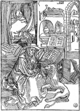 Der heilige Hieronymus im Gehäus (A. Dürer, 1471-1528). Estampe d'Albrecht Dürer "Der heilige Hieronymus im Gehäus"