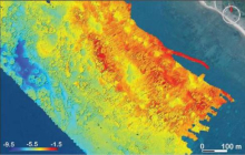 Carte bathymétrique des fonds marins au sud de Pyrgi, campagne HISOPE.  © CNES/Airbus, European Space Imaging, Maxar Technologies, Données cartographiques, 2023