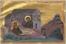 L’apparition de la Vierge à Romanos (Ménologe de Basile II, Cod. Vatic. gr. 1613, fin du Xe siècle).